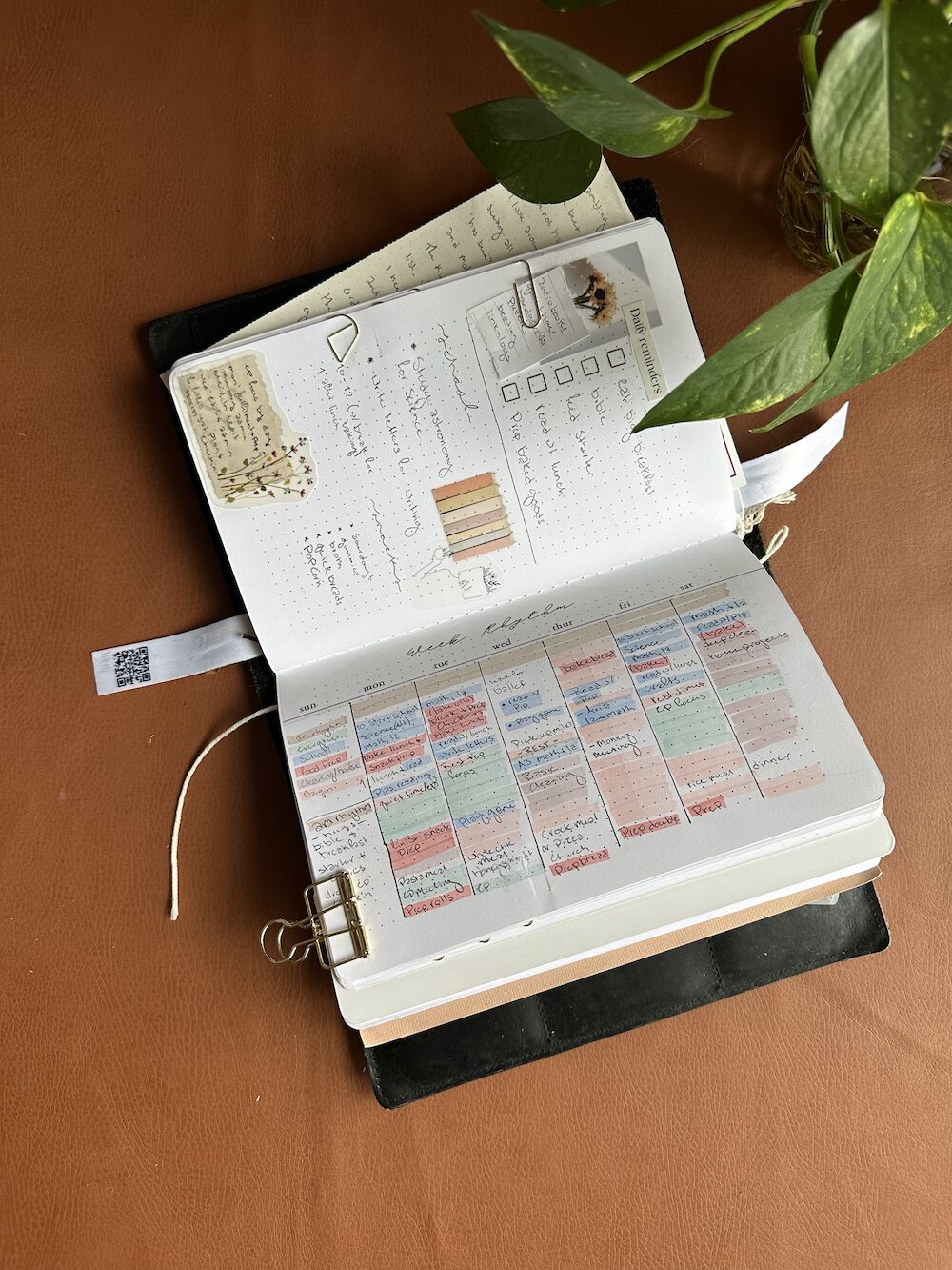 A planner open to a weekly rhythm spread, beside a houseplant