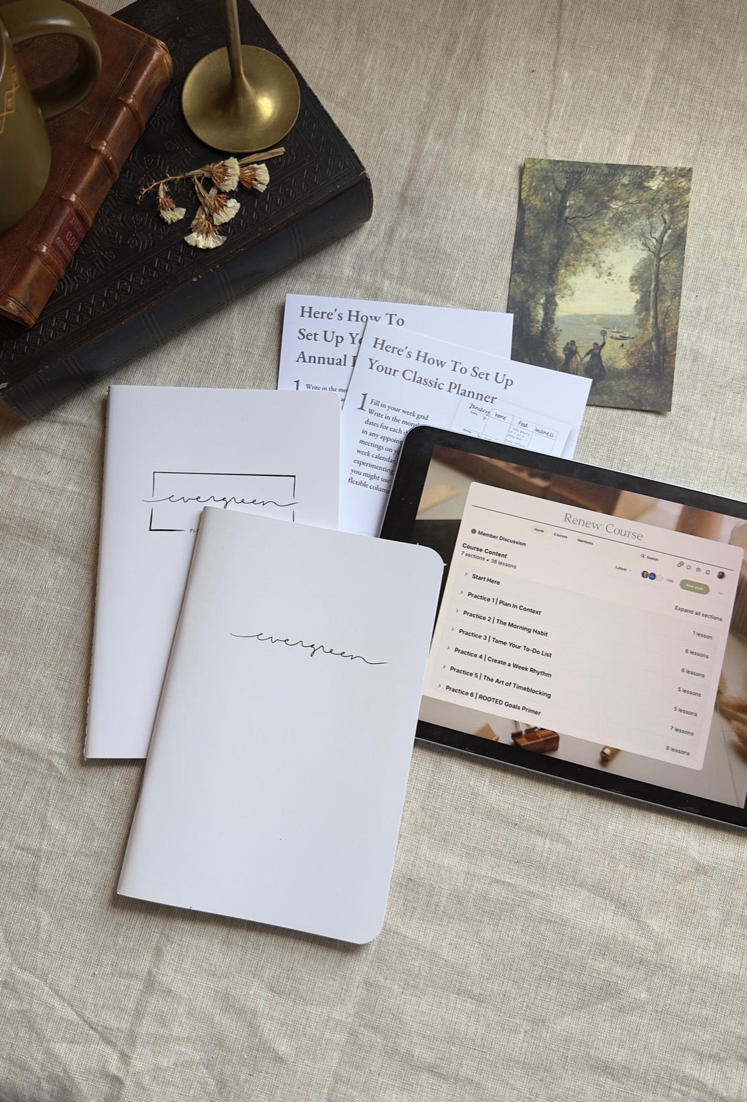 The Getting Started Kit — Evergreen Classic day planner, Annual calendar booklet, and Renew course