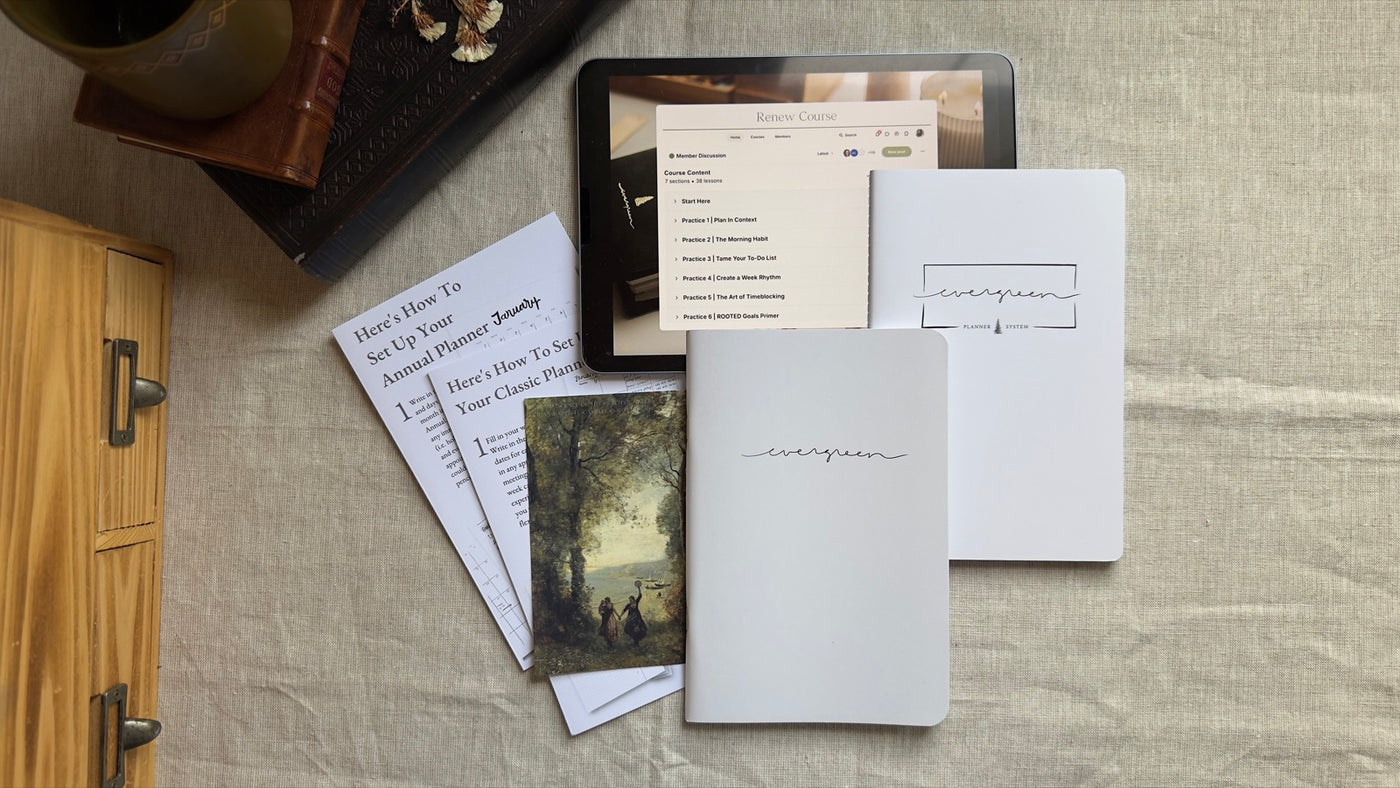 The Getting Started Kit — Evergreen Classic day planner, Annual calendar booklet, and Renew course