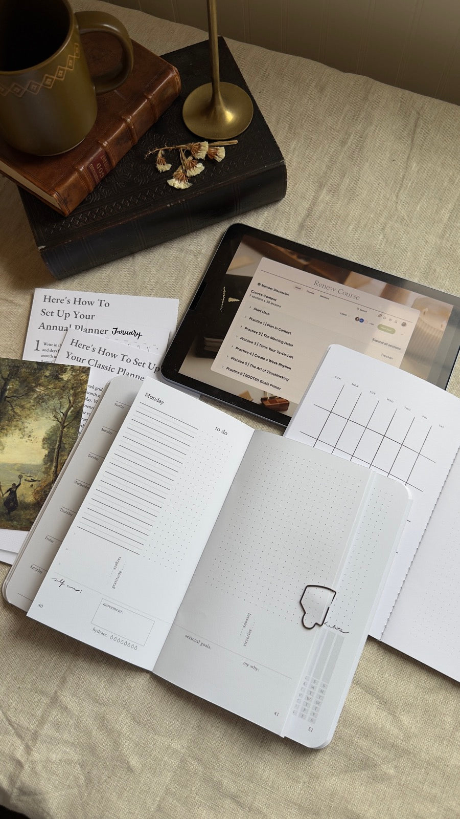 The Getting Started Kit — Evergreen Classic day planner, Annual calendar booklet, and Renew course