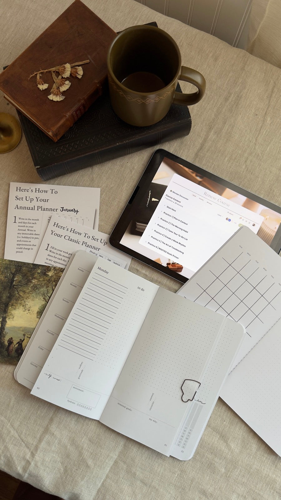 The Getting Started Kit — Evergreen Classic day planner, Annual calendar booklet, and Renew course