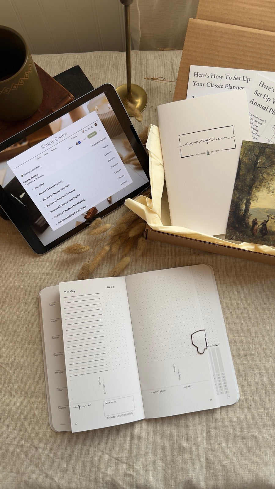 The Getting Started Kit — Evergreen Classic day planner, Annual calendar booklet, and Renew course