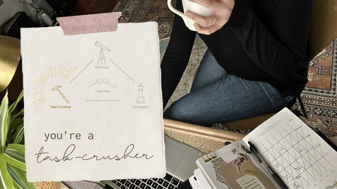 A hand-lettered “you’re a Task-Crusher” card over a planner, laptop, and coffee